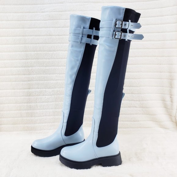 Techno Baby Blue Lycra Stretch Lug Sole Thigh High Combat Rider Brand New - Picture 6 of 16